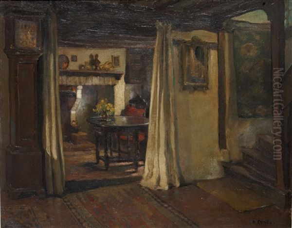 Interior Scene (+ Birthday Bouquet; 2 Works) Oil Painting by Nell Marion (nee Tenison) Cuneo