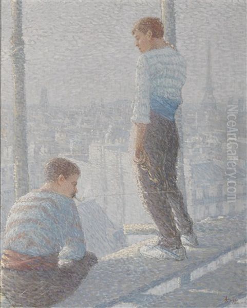 Two Construction Workers Overlooking Paris With The Eiffel Tower In The Distance Oil Painting by Rinaldo Cuneo