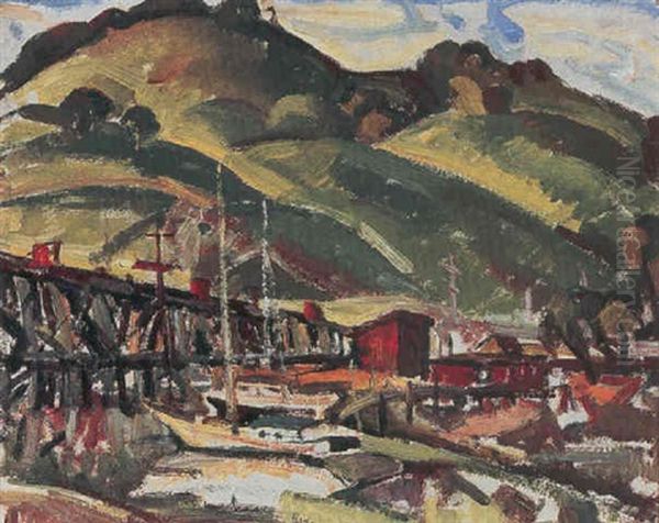 Boats Near A Bridge With Hills Beyond Oil Painting by Rinaldo Cuneo