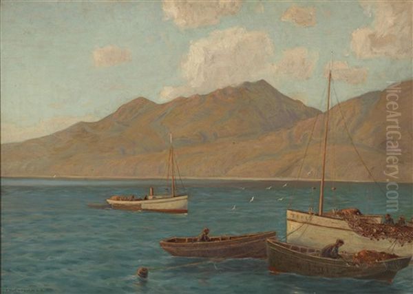 Santa Monica Mountains (from The Old Pier) Oil Painting by Frank William Cuprien