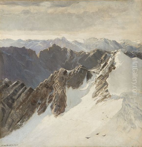 In Upper Regions - The Alps, Snow-capped Mountain Crest Oil Painting by Frank William Cuprien