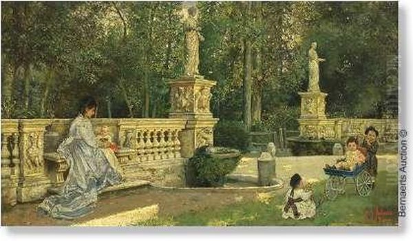 Park Scenewith Mother And Children. Panel (mahogany). Signed 'p.j.antoine /roma' Oil Painting by Pierre Joseph Antoine