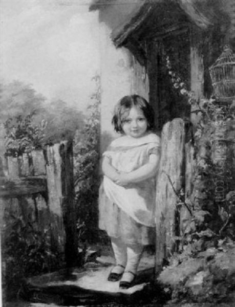 Young Girl At A Cottage Gate Oil Painting by James Curnock