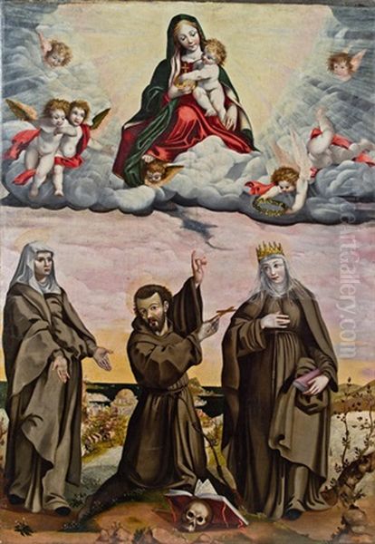 Thronende Madonna Mit Kind Umgeben Von Engeln, Darunter In Mediterraner Landschaft Der Heilige Franziskus, Wohl Mit Heiliger Klara Und Agnes Von Assisi Oil Painting by Francesco Curradi