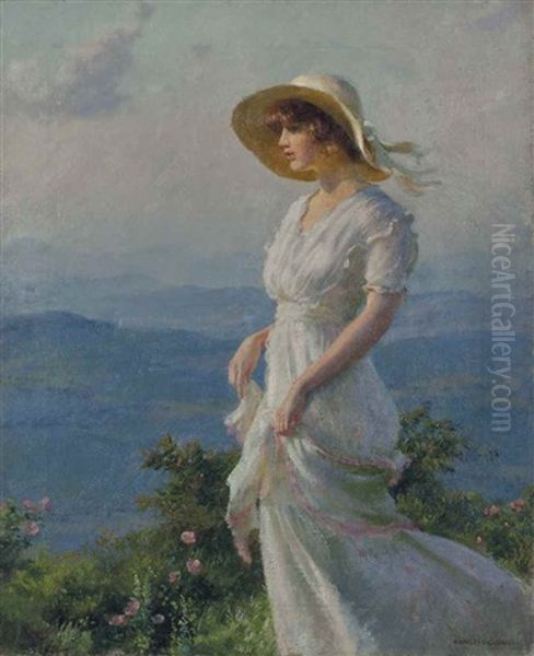 Woman With A Straw Hat Oil Painting by Charles Courtney Curran