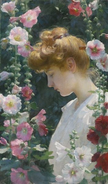 Hollyhocks And Sunlight Oil Painting by Charles Courtney Curran