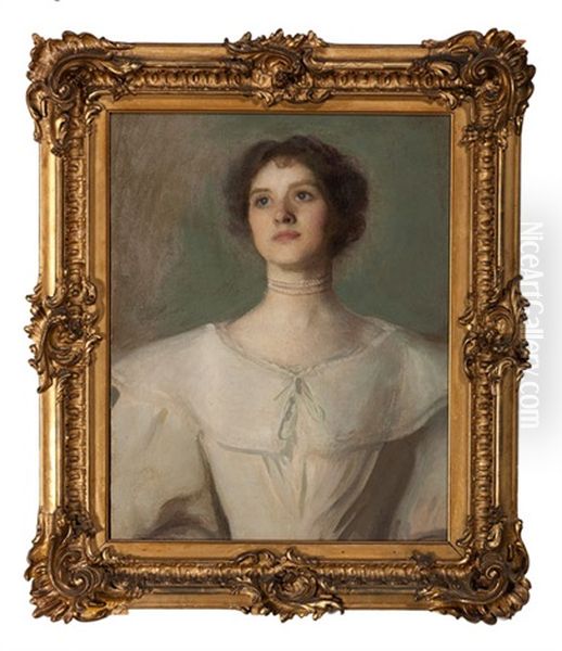 Blue Eyed Sitter In White Dress Oil Painting by Charles Courtney Curran