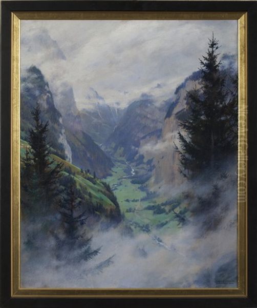 Mountainous Landscape With Valley And Waterfall Oil Painting by Charles Courtney Curran