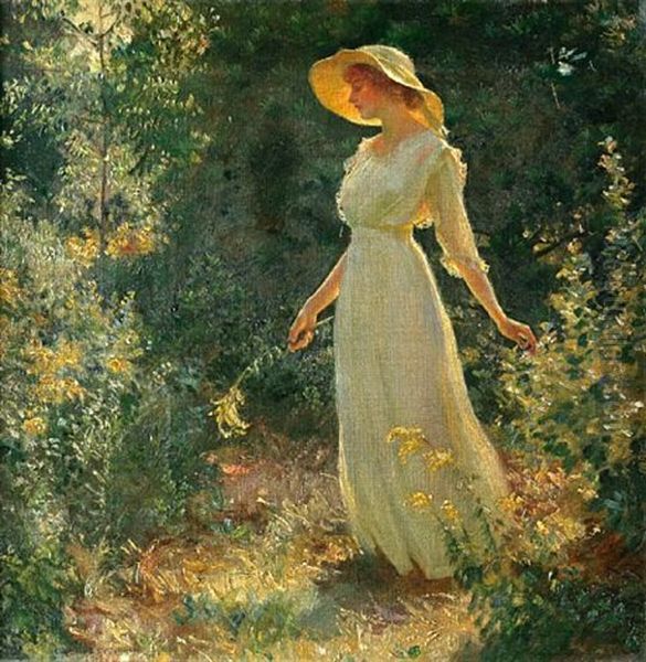 Woman In A White Dress In A Garden Oil Painting by Charles Courtney Curran