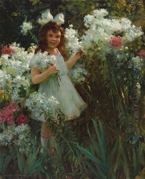 Sunshine And Flowers, Child With Phlox Oil Painting by Charles Courtney Curran