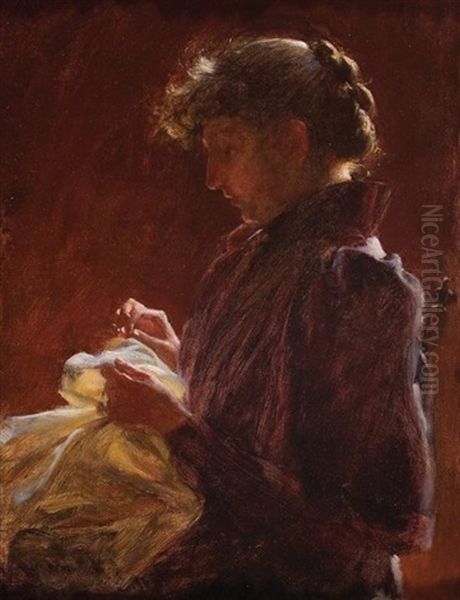 Woman Sewing Oil Painting by Charles Courtney Curran