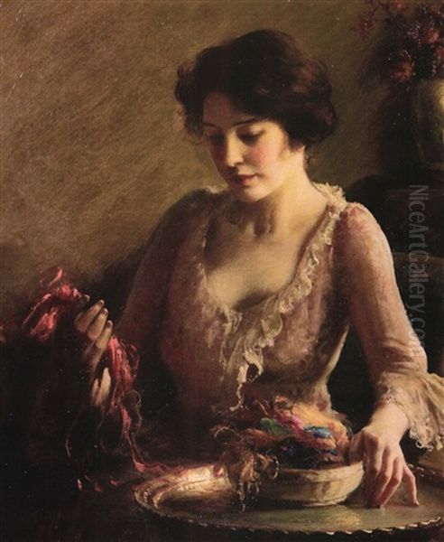 Portrait Of A Woman With A Basket Of Ribbon Oil Painting by Charles Courtney Curran