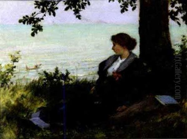 Woman In Blue Seated By The Seashore, Boats In The Distance Oil Painting by Charles Courtney Curran