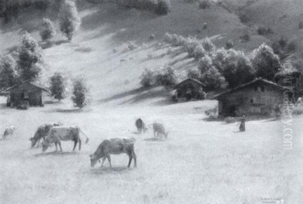 Swiss Pastures With Cattle And Shepherdess Oil Painting by Charles Courtney Curran