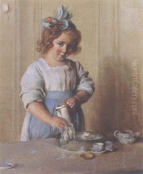 Washing Dishes - Emily And Her Tea Set Oil Painting by Charles Courtney Curran