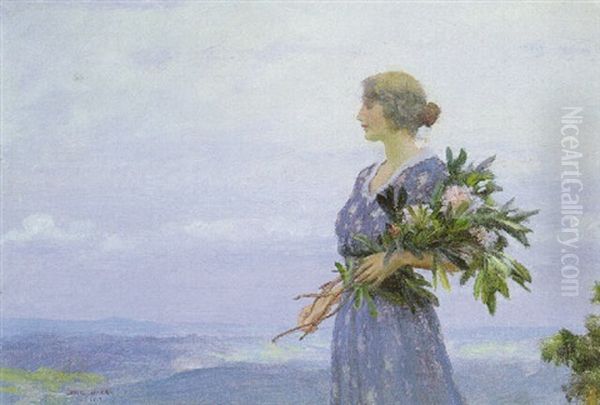 Woman With An Armful Of Flowers Oil Painting by Charles Courtney Curran