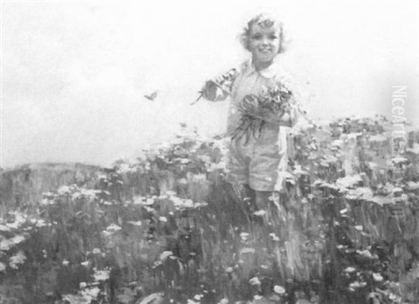 A Child Gathering Flowers In A Meadow Oil Painting by Charles Courtney Curran