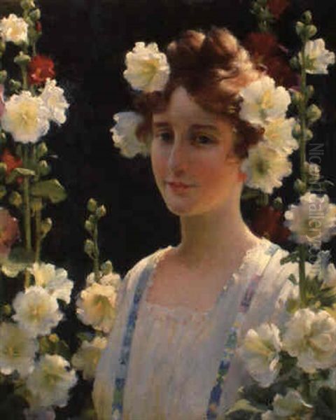 Among The Hollyhocks Oil Painting by Charles Courtney Curran