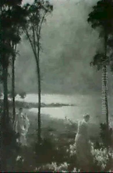 Figures By A Lake, Nocturnal View Oil Painting by Charles Courtney Curran