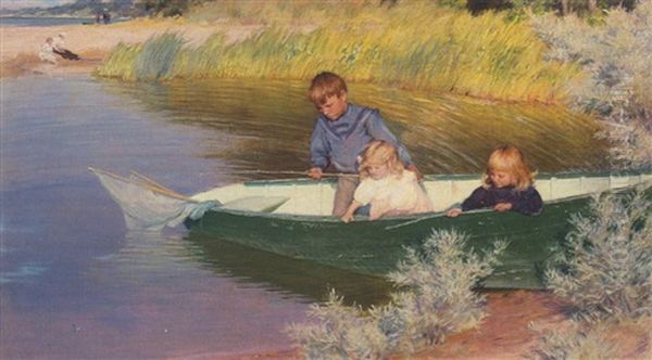 Children Fishing Oil Painting by Charles Courtney Curran