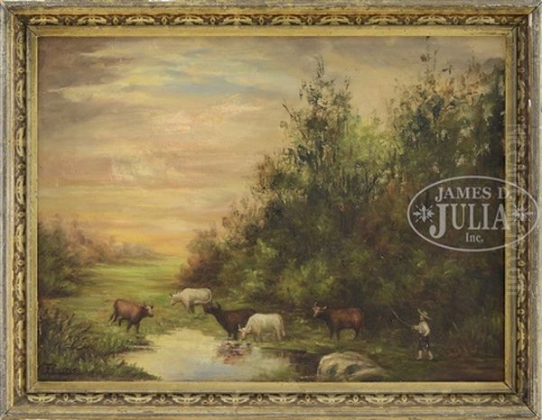 Landscape With Cows At A Watering Hole Oil Painting by Frank Currier