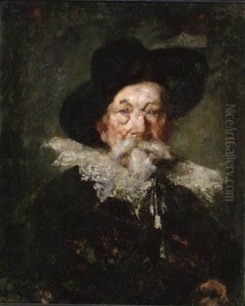 Portrait Of A Man With A White Ruff Collar, Wearing A Hat Oil Painting by J. Frank Currier