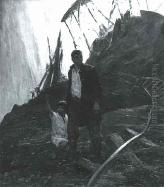 Man And Boy At Site Of Railroad Trestle Collapse Oil Painting by John Steuart Curry