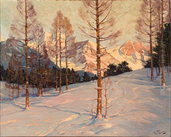 Sonnig Beleuchtete Winterlandschaft Mit Gebirgshintergrund Oil Painting by Robert Franz Curry