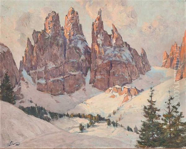 Blick Auf Die Drei Zinnen In Den Winterlichen Dolomiten Oil Painting by Robert Franz Curry