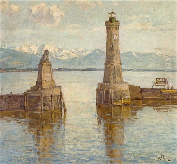 Blick Auf Die Hafeneinfahrt Von Lindau Mit Schneebedeckten Osterreichischen Alpen Oil Painting by Robert Franz Curry