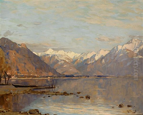 Blick Uber Den Genfer See Auf Verschneites Gebirgsmassiv Oil Painting by Robert Franz Curry