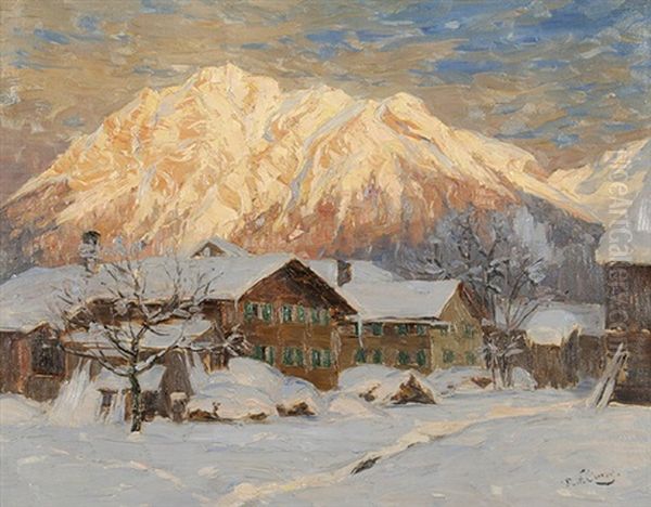 Sonnenuntergang Uber Winterlichem Alpendorf Oil Painting by Robert Franz Curry