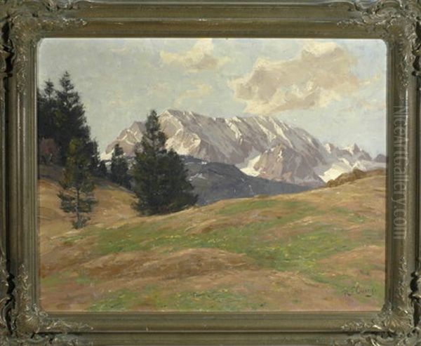 Alp Mit Tannen Im Fruhjahr Und Blick Auf Das Wettersteingebirge Oil Painting by Robert Franz Curry