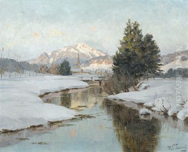 Verschneite Bachpartie Mit Dorf Und Bergmassiv Oil Painting by Robert Franz Curry