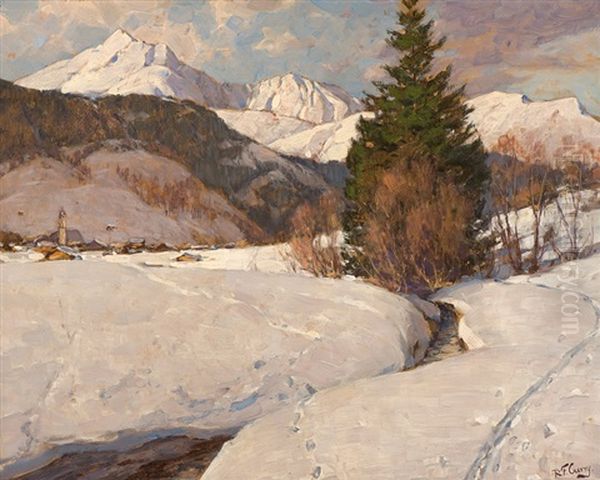 Alpine Village In The Snow Oil Painting by Robert Franz Curry