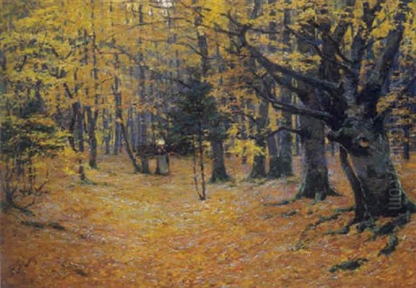 Reisigsammlerin Im Herbstlichen Buchenwald Oil Painting by Robert Franz Curry