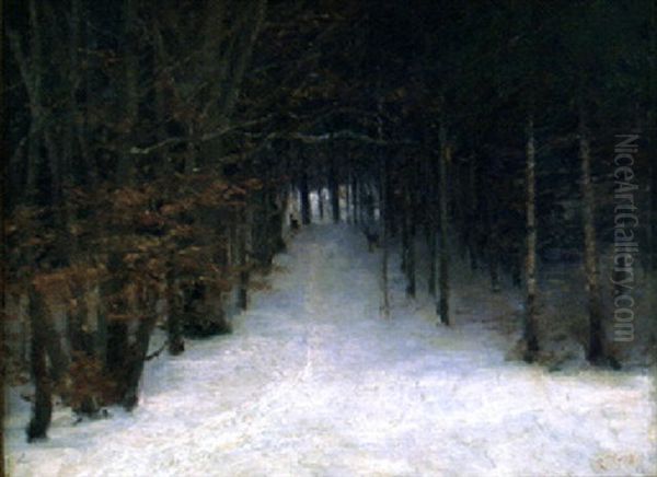 Radjur Pa Skogsvag, Vinter Oil Painting by Robert Franz Curry