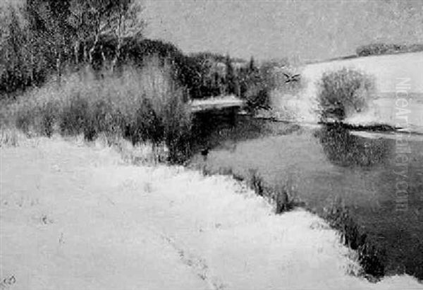 Ducks On A Winter River: A New England View Oil Painting by Robert Franz Curry