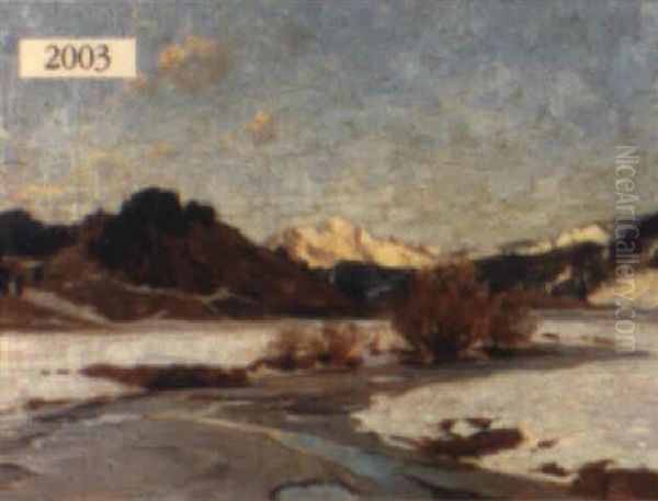 Winterscape With River And Mountains Oil Painting by Robert Franz Curry