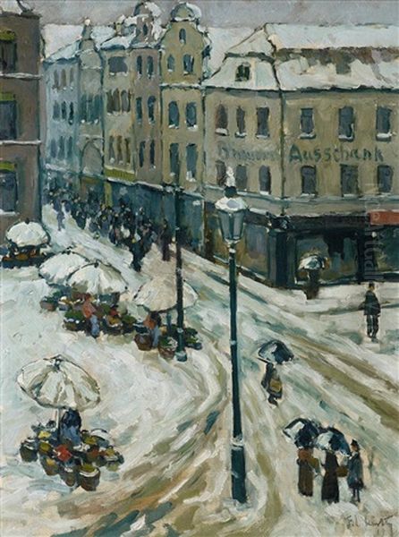 Winterlicher Markttag Auf Der Bilker Strase In Dusseldorf Oil Painting by Ferdinand Carl Cuerten