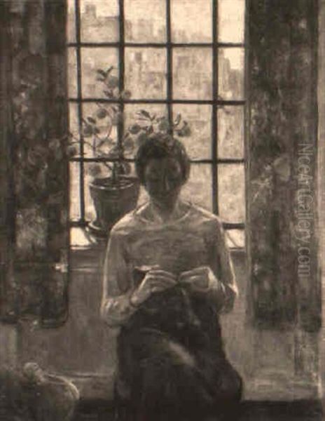 Self Portrait, The Artist Knitting Before A Window With A View Of Manhattan Oil Painting by Elizabeth Curtis