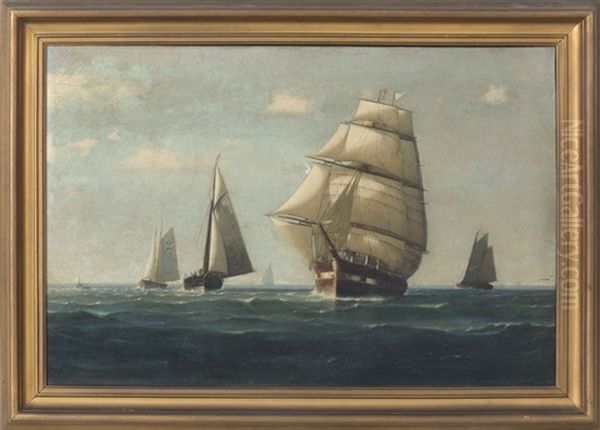 Ship Headed Out With Pilot Boat And Other Ships. Possibly Boston Oil Painting by George Curtis