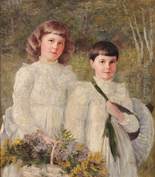 A Bouquet For Mother/an En Plein Air Portrait Of Two Siblings Oil Painting by George Vaughan Curtis