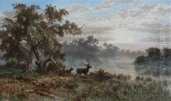 River Scene With Deer Oil Painting by James Waltham Curtis