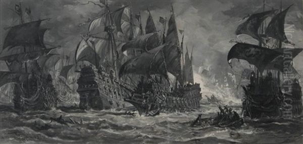 The Sea Battle Oil Painting by James Waltham Curtis