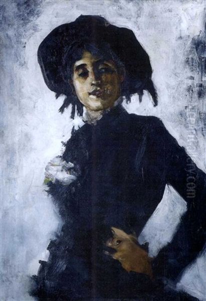 Portrait Of A Lady In A Black Hat Oil Painting by Ralph Wormeley Curtis