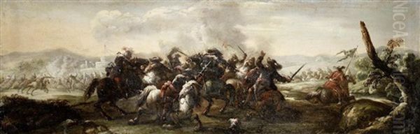 A Cavalry Skirmish Oil Painting by Jacques Curtois