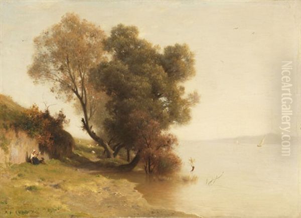 An Der Bucht Von Neapel, Mit Dem Vesuv In Der Ferne Oil Painting by Alfred de Curzon