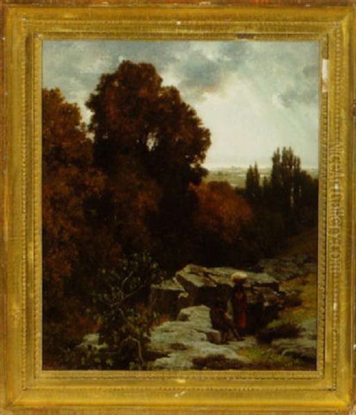 Landscape With Peasants Resting Oil Painting by Alfred de Curzon