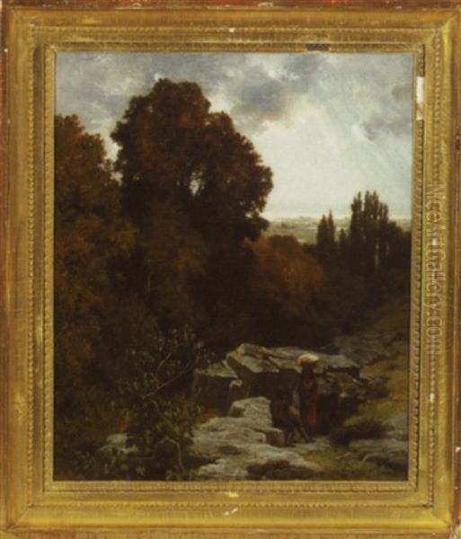 Landscape With Peasants Resting Oil Painting by Alfred de Curzon